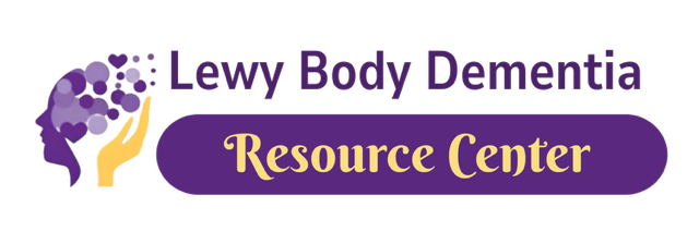Logo for Lewy Body Dementia Resource Center featuring a purple brain silhouette with a yellow hand and a purple rounded badge that reads 'Resource Center' in cream lettering.