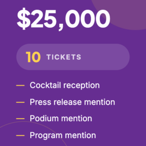 Purple Platinum top-tier package with $25,000 amount, 10 tickets, and listed benefits: cocktail reception, press release mention, podium mention, program mention, website mention.